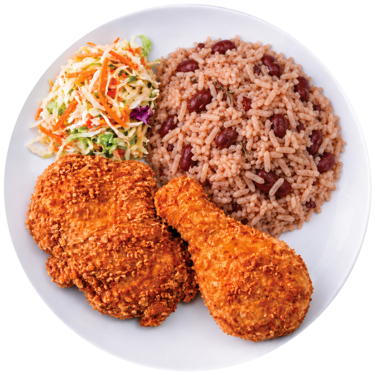 Island Delights fried chicken with authentic Jamaican rice and peas